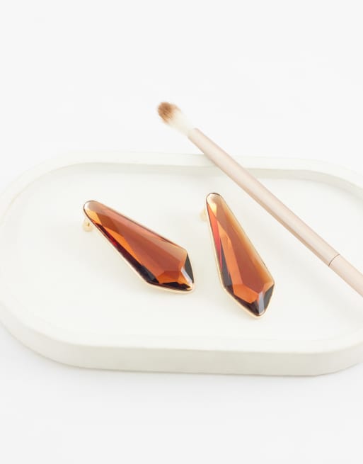 ASOS DESIGN large stud earrings with amber crystal in gold tone, 2 of 4