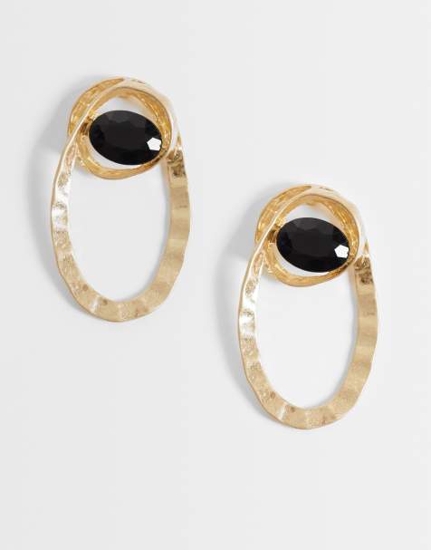 ASOS DESIGN large stud earrings with black stone setting in brushed gold tone - view 1