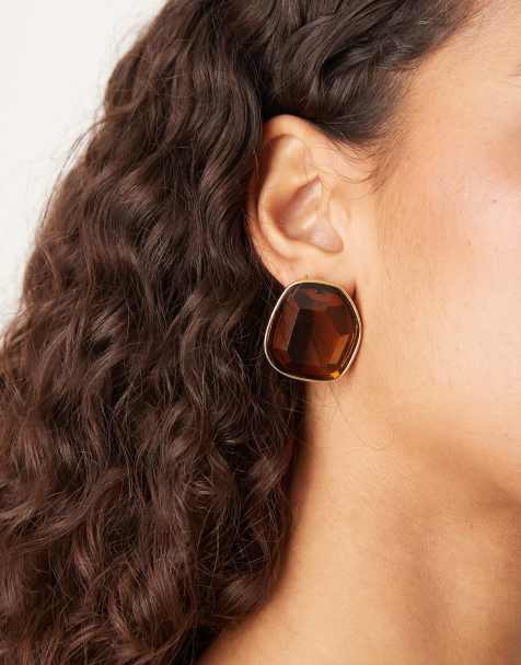 ASOS DESIGN large stud earrings with faux crystal design in amber tone - view 1