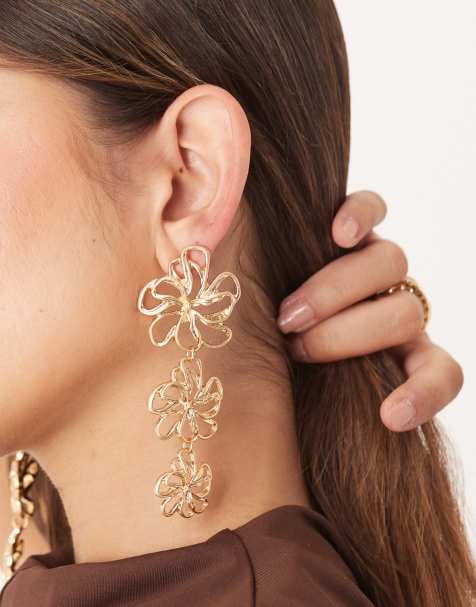 ASOS DESIGN large stud earrings with floral pendants in gold tone - view 1