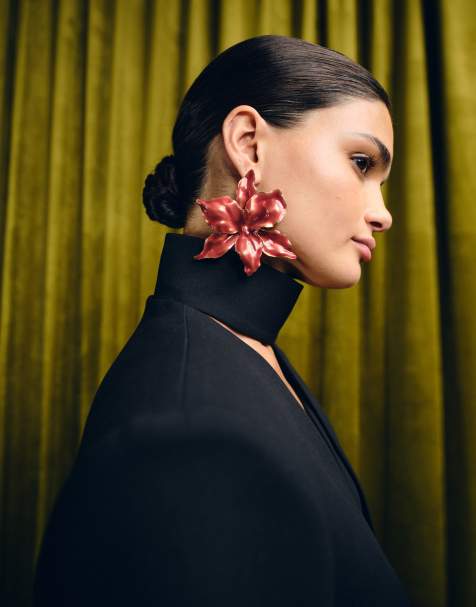 ASOS DESIGN large stud earrings with flower design in red and gold tone - view 1