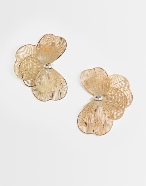 ASOS DESIGN large stud earrings with half wire floral design in gold tone - view 1