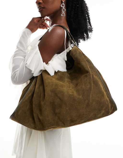 ASOS DESIGN large suede tote bag with leather piping detail in khaki ASOS