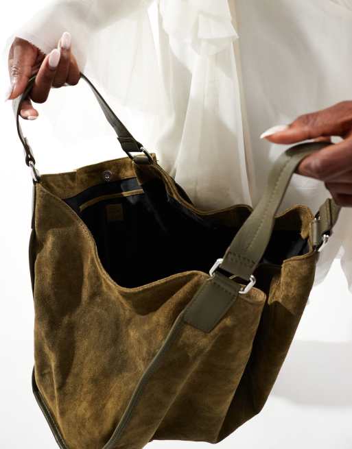 ASOS DESIGN large suede tote bag with leather piping detail in khaki