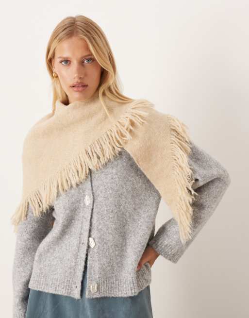ASOS DESIGN large triangle scarf with tassel detaling in cream