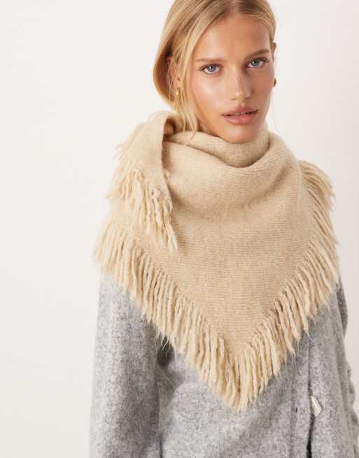 ASOS DESIGN large triangle scarf with tassel detaling in cream