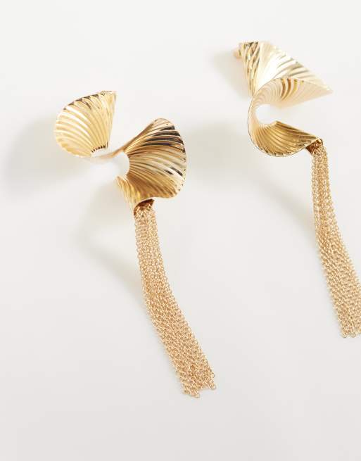 ASOS DESIGN large twisted earrings with chain tassels in gold tone, 3 of 5