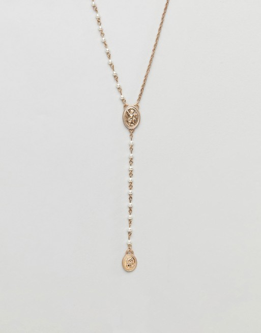 ASOS DESIGN lariat necklace with cherub design and faux pearls