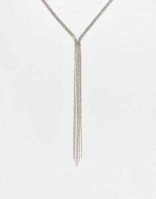ASOS DESIGN lariat necklace with extra long crystal tassel detail in silver tone