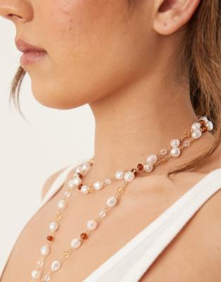 Asos Design Lariat Necklace With Faux Pearl And Amber Beads In Gold