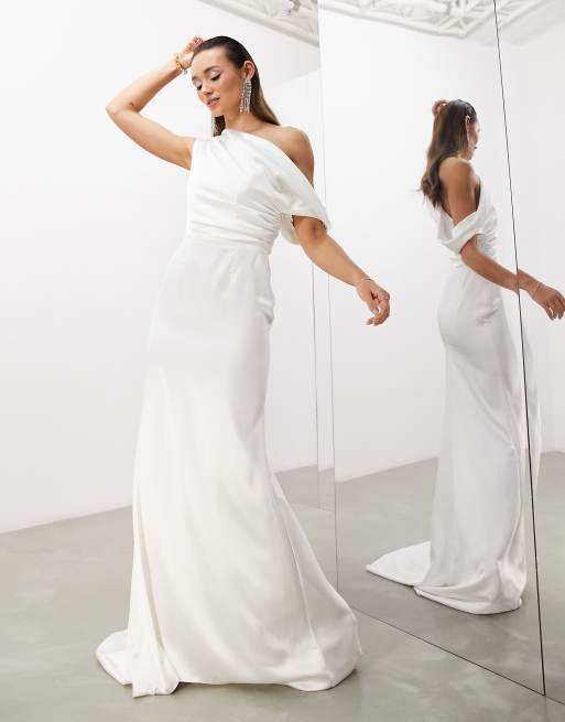 ASOS DESIGN - Larisa - Brudekjole med havfruesnit og draperet skulder og livstykke i satin, 3 af 4