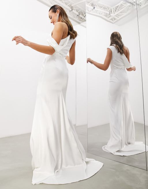ASOS DESIGN - Larisa - Satijnen trouwjurk met lijfje met gedrapeerde schouder en fishtail in, 4 van 4