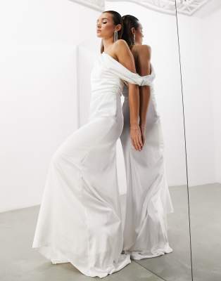 Larisa satin draped shoulder bodice wedding dress with fishtail in ivory-White