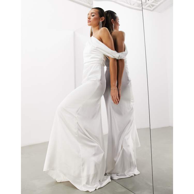 ASOS EDITION Bluebell drape wrap satin wedding dress with blouson sleeve in  ivory, ASOS