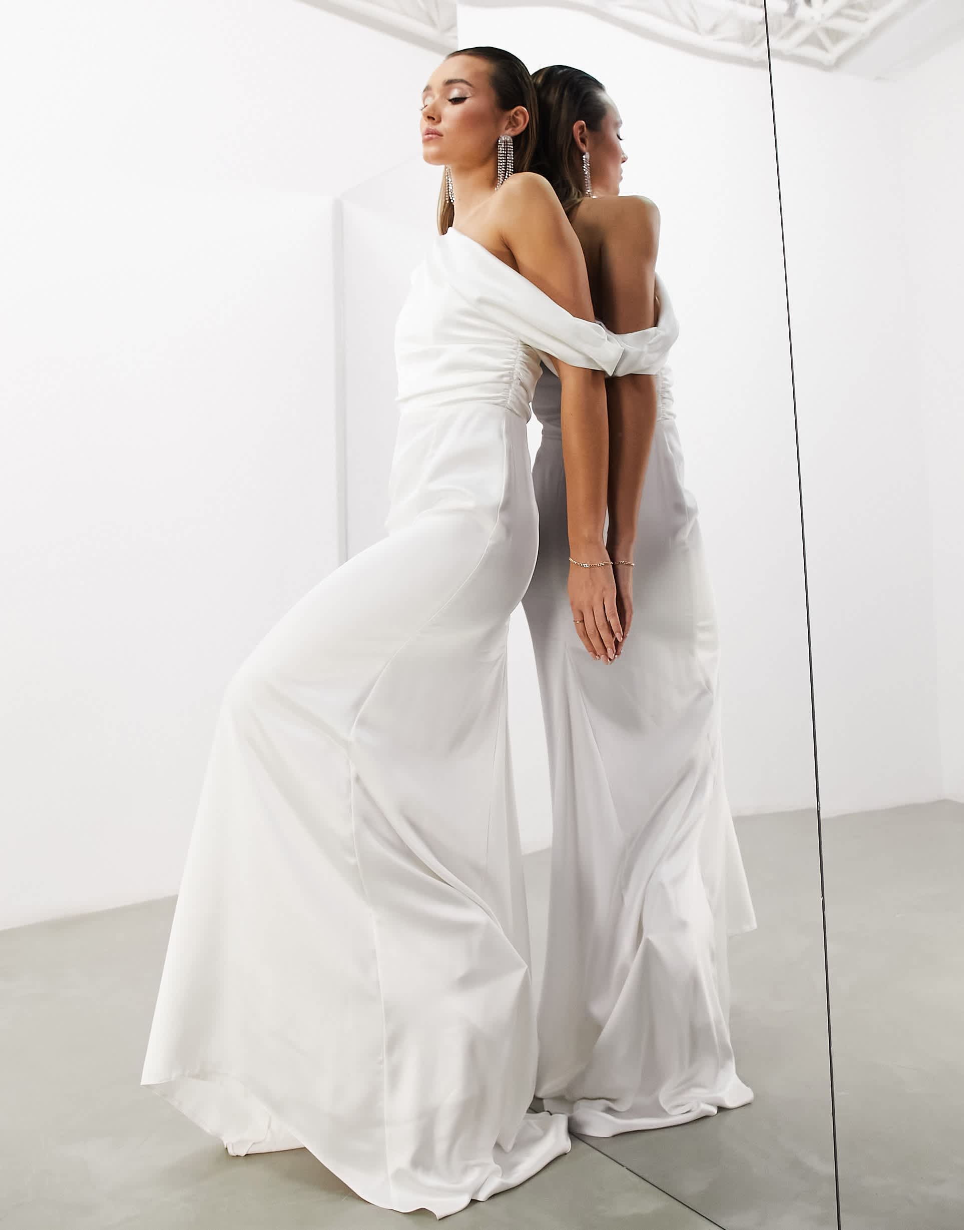 asos design larisa satin draped shoulder bodice wedding dress with fishtail in ivory