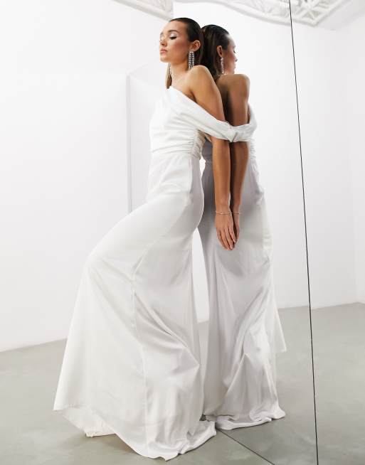 ASOS DESIGN Larisa satin draped shoulder bodice wedding dress with fishtail in ivory