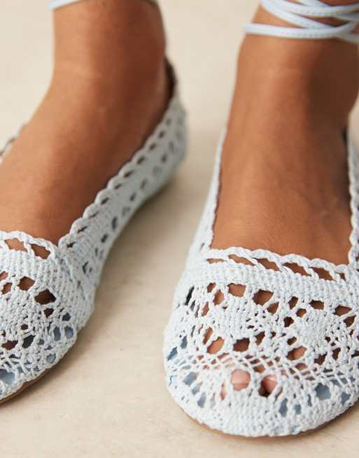 ASOS DESIGN Larissa ankle-tie ballets in baby blue crochet