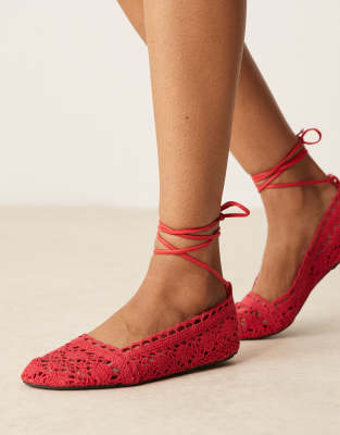 ASOS DESIGN Larissa ankle-tie ballet flats in red crochet