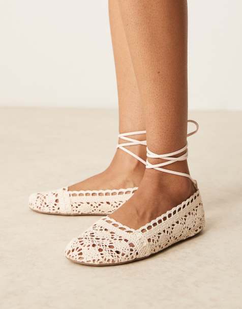 ASOS DESIGN Larissa ankle-tie ballets flats in natural crochet - view 1