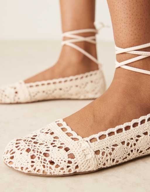 ASOS DESIGN Larissa ankle-tie ballets in natural crochet