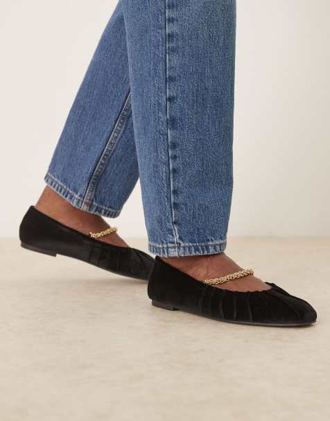 ASOS DESIGN - Lark - Ballerines style babies en velours avec détail chaîne - Noir - view 1