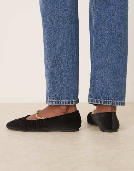 ASOS DESIGN - Lark - Sorte Mary Jane-ballerinaer i velour med kædedetalje, 4 af 4