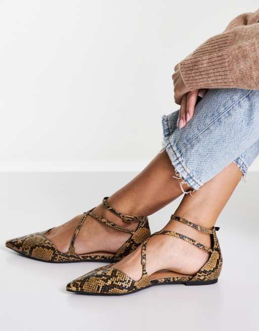 ASOS DESIGN Larna pointed ballet flats in tan snake ASOS