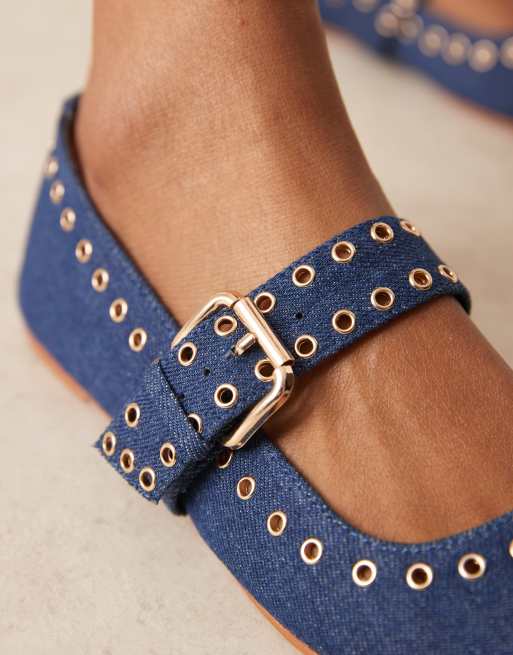 ASOS DESIGN Larson eyelet mary jane ballets in dark blue denim, 2 of 4