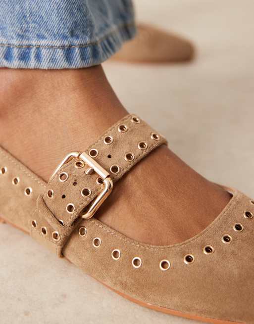 ASOS DESIGN Larson eyelet mary jane ballets in taupe suedette