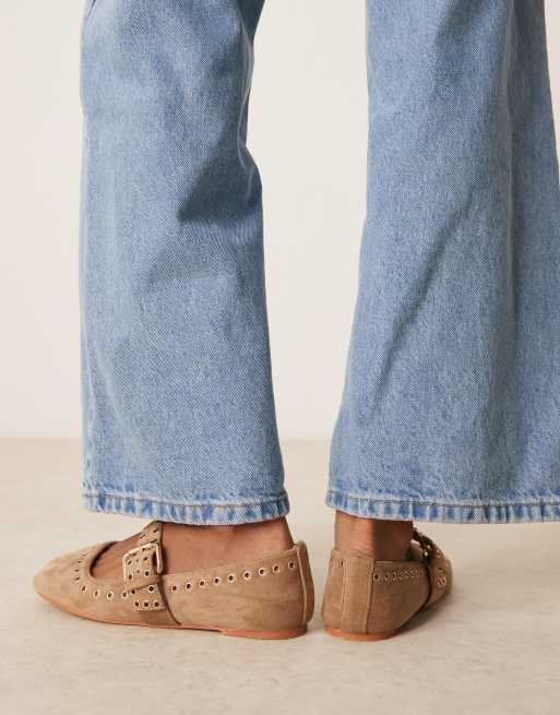 ASOS DESIGN Larson eyelet mary jane ballets in taupe suedette