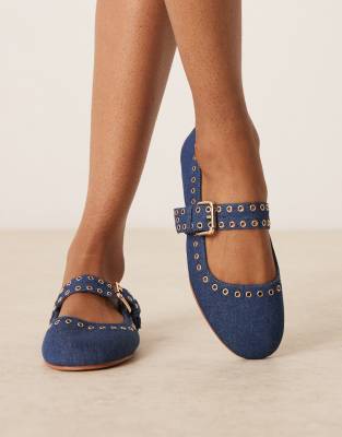 ASOS DESIGN - Larson - Mary-Jane-Ballerinas aus dunkelblauem Denim mit Ösendetails