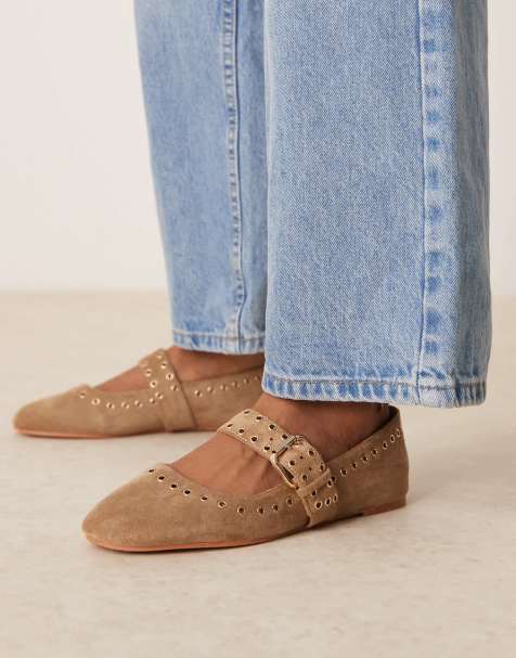 ASOS DESIGN – Larson – Szarobeżowe balerinki typu Mary Jane z imitacji zamszu z oczkami - view 1