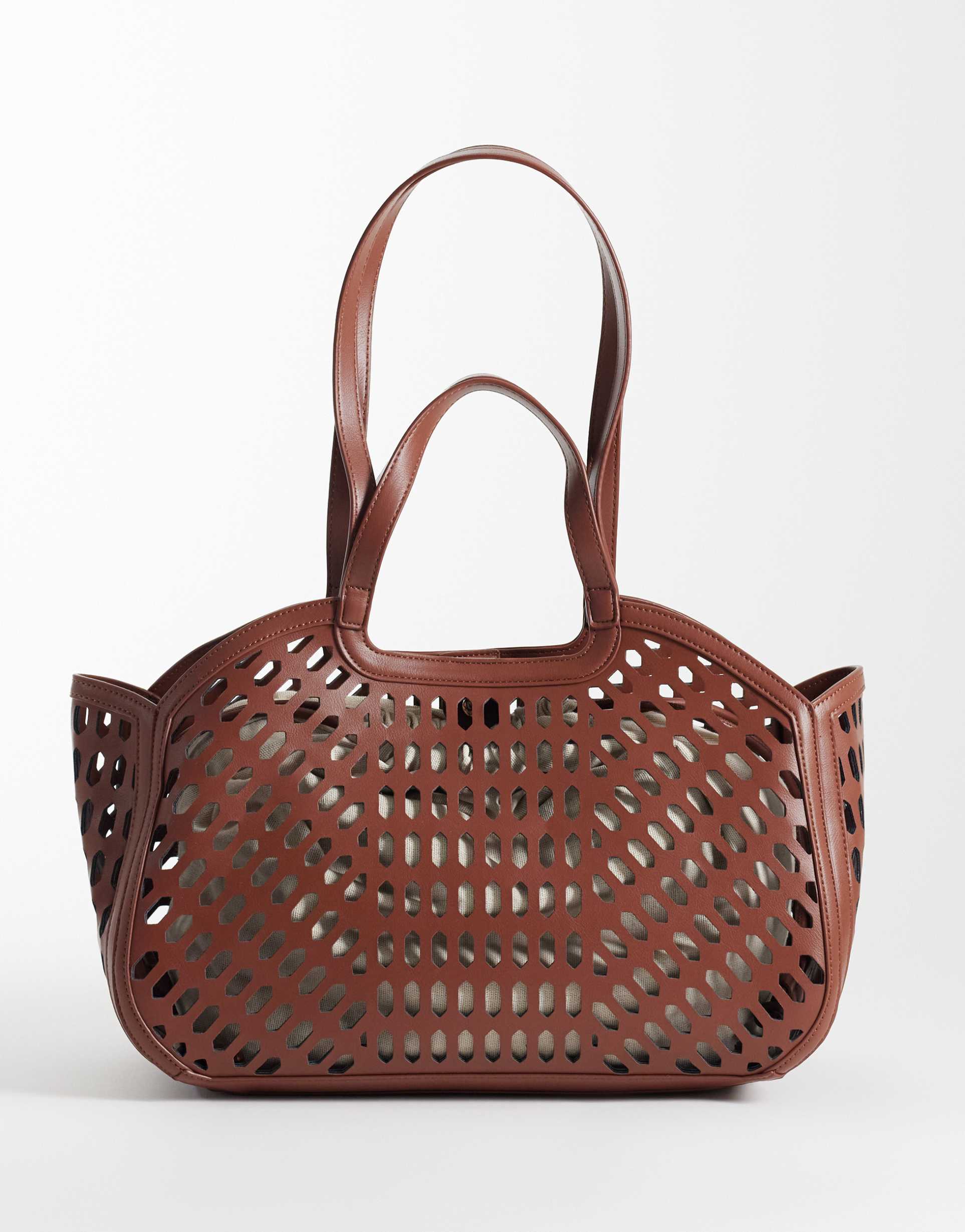 asos design laser cut tote bag in chocolate