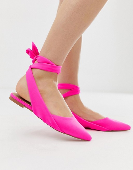 ASOS DESIGN Laser tie leg ballet flats in neon pink | ASOS