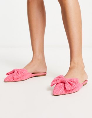 ASOS DESIGN Lass oversized bow pointed flat mules in pink tweed - ASOS Price Checker