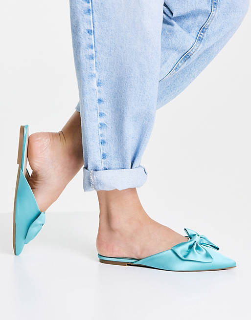 ASOS DESIGN Lass oversized bow pointed flat mules in blue satin