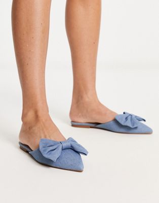 Asos Design Lass Oversized Bow Pointed Flat Mules In Denim-blue