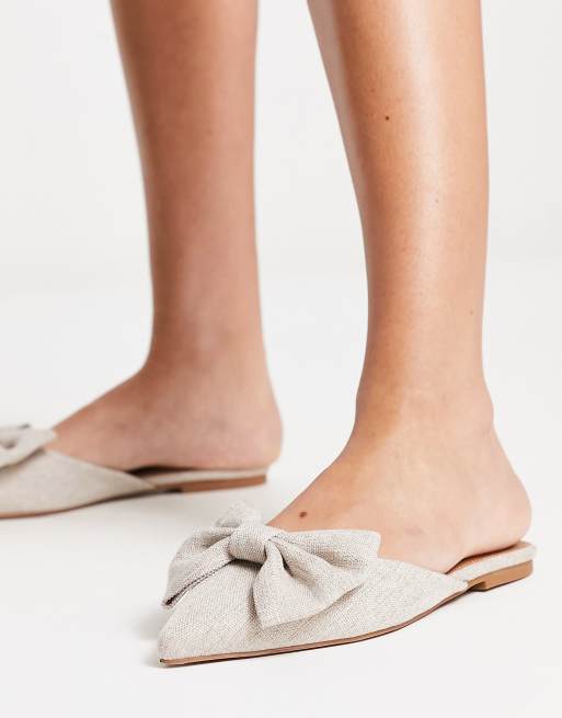 ASOS DESIGN Lass oversized bow pointed flat mules in natural fabrication