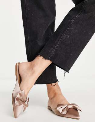 Asos Design Lass Oversized Bow Pointed Flat Mules In Oyster Satin-gray