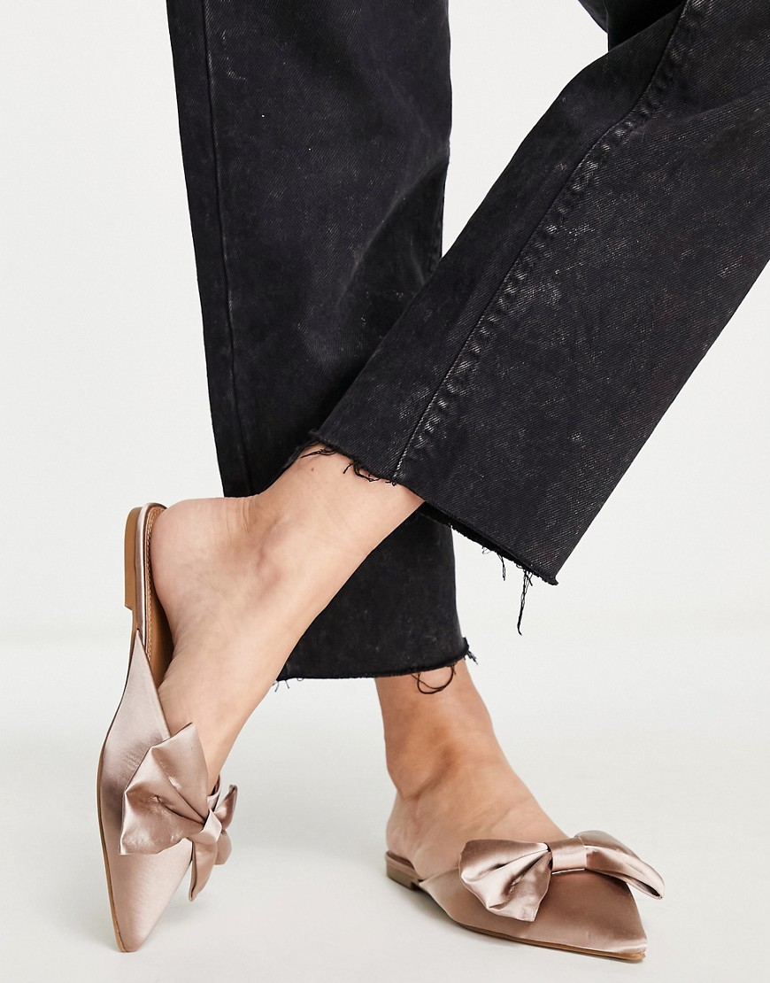 ASOS DESIGN Lass oversized bow pointed flat mules in oyster satin-Gray