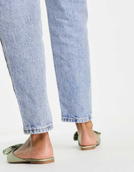 ASOS DESIGN Lass oversized bow pointed flat mules in sage green satin, 2 of 4