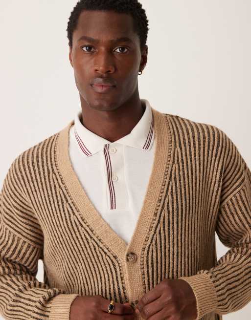 ASOS DESIGN – Lässig geschnittene Strickjacke aus plattiertem Rippstrick in Steinbeige, 3 von 4
