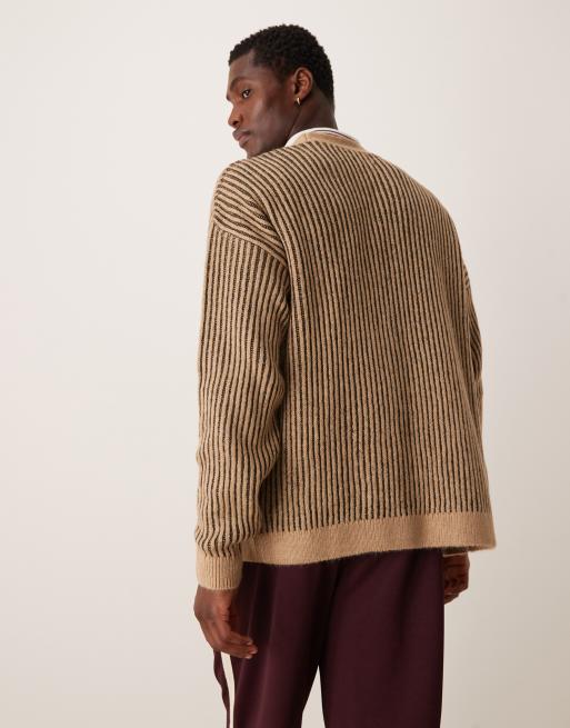 ASOS DESIGN – Lässig geschnittene Strickjacke aus plattiertem Rippstrick in Steinbeige, 4 von 4