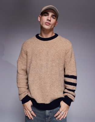 ASOS DESIGN – Lässig geschnittener Pullover aus strukturiertem Strick in Beige mit Streifendetail an den Ärmeln und Rundhalsausschnitt - view 1