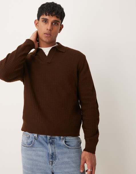 ASOS DESIGN – Lässig geschnittener Pullover in Braun mit Waffelstruktur und eingekerbtem Ausschnitt - view 1
