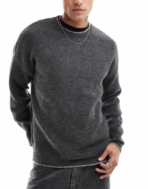 ASOS DESIGN – Lässig geschnittener Strickpullover in Grau mit Languettenstich und Rundhalsausschnitt