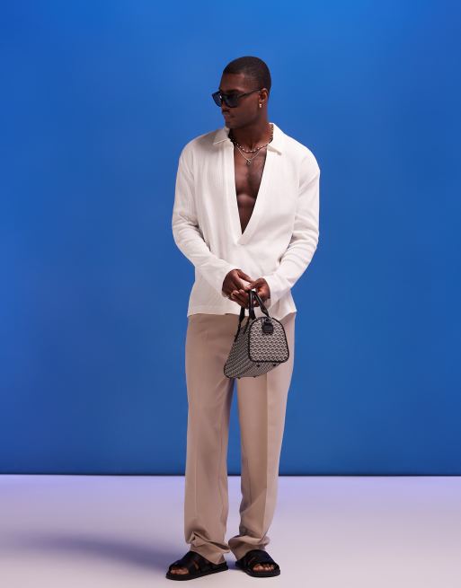 ASOS DESIGN – Lässig geschnittenes, langärmliges Shirt in Creme mit V-Ausschnitt und Waffelstruktur 
