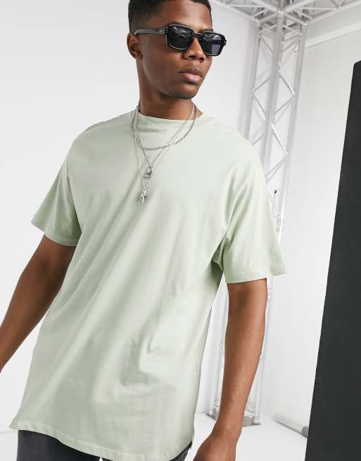 ASOS DESIGN – Lässig geschnittenes, langes Shirt mit abgerundetem Saum in verwaschenem Khaki