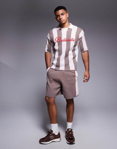 ASOS DESIGN – Lässig geschnittenes Polohemd aus Jersey in Steinbeige mit Belleville-Grafik und Shorts - view 1