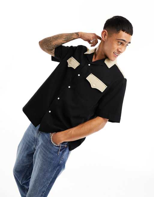 ASOS DESIGN – Lässig geschnittenes Revershemd in Schwarz mit kontrastierender Verzierung im Westernstil